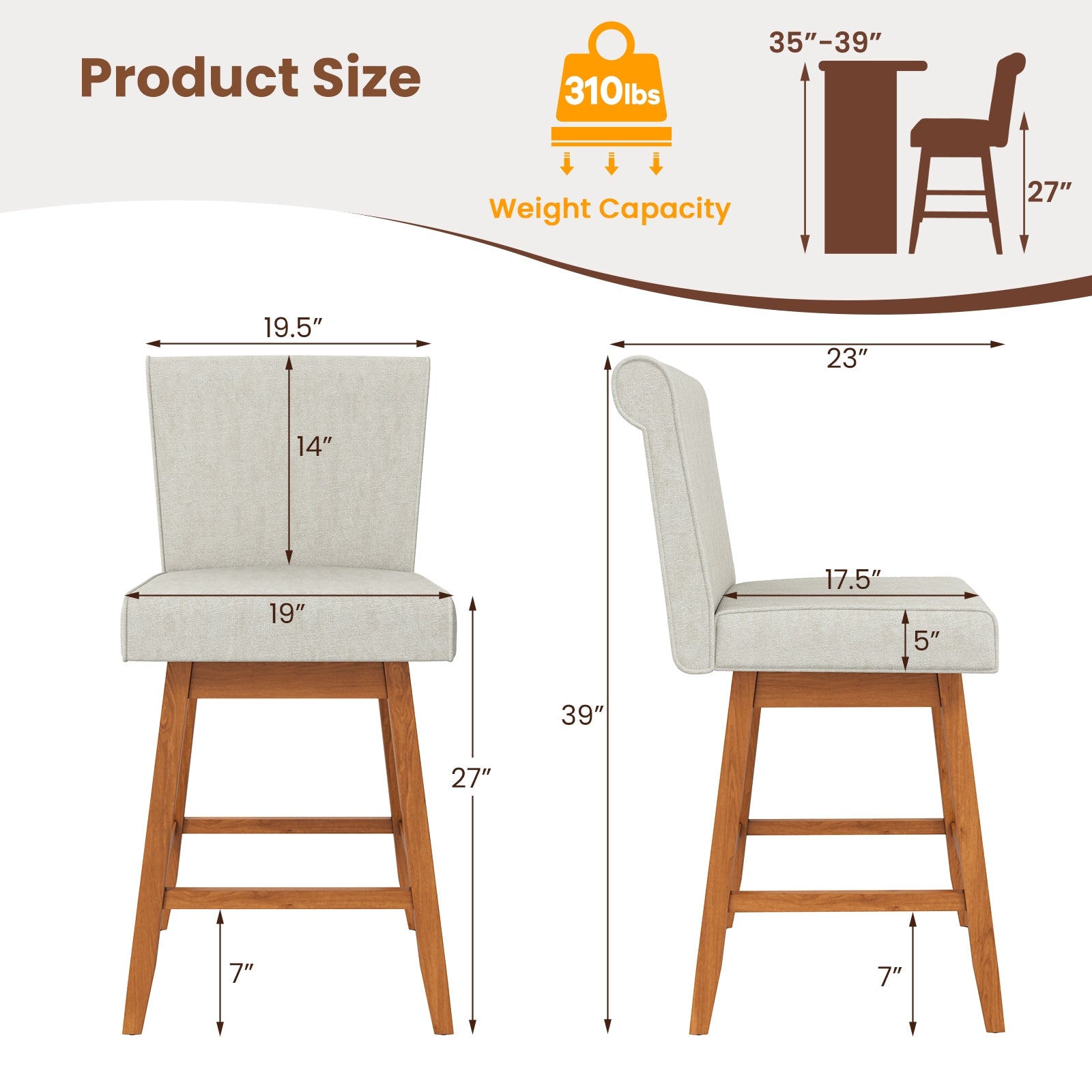 27 Inch Counter Height Bar Chairs with Rubber Wood Legs Set of 2, Beige Patio Bar Furniture at Gallery Canada