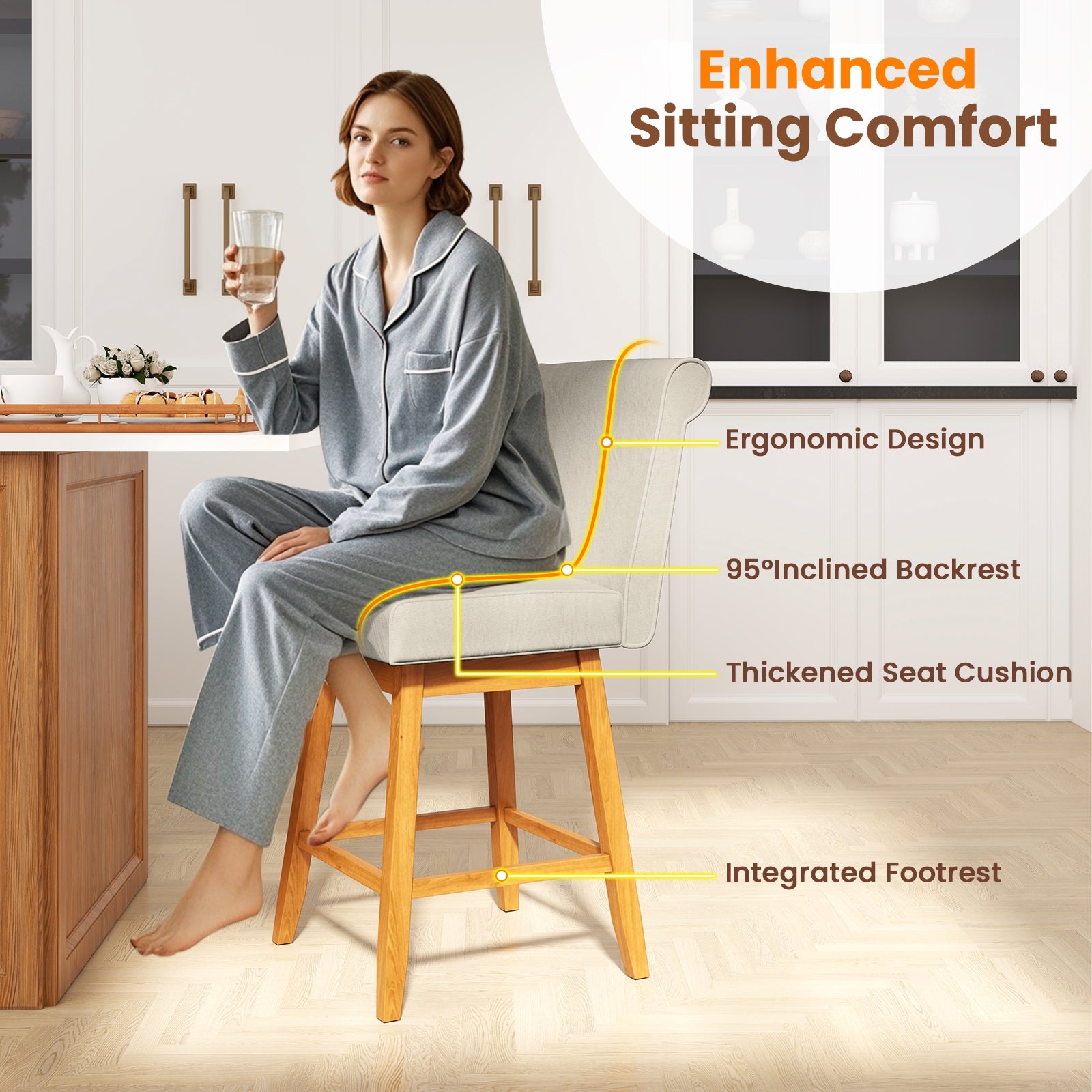 27 Inch Counter Height Bar Chairs with Rubber Wood Legs Set of 2, Beige Patio Bar Furniture at Gallery Canada