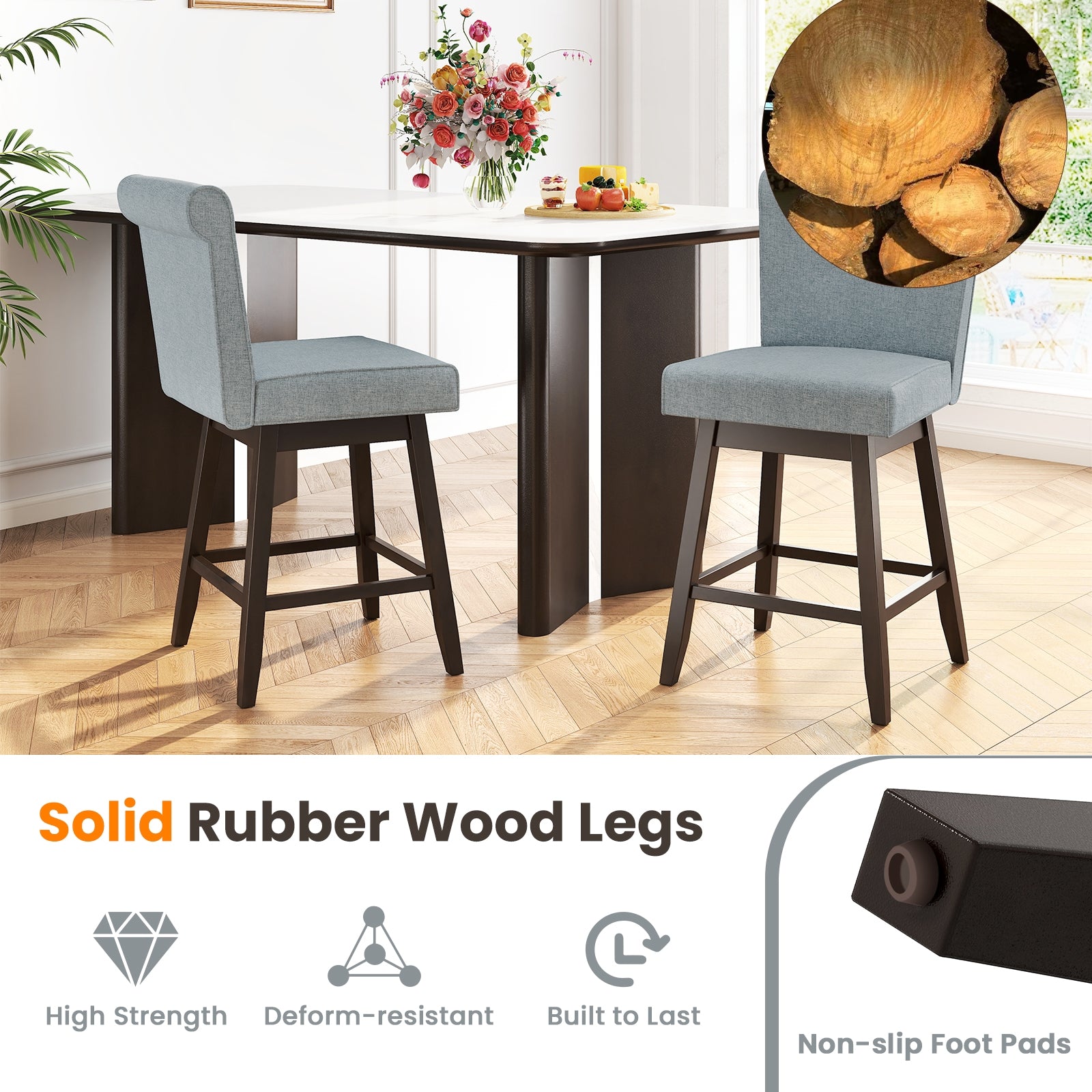 27 Inch Counter Height Bar Chairs with Rubber Wood Legs Set of 2, Gray Patio Bar Furniture at Gallery Canada