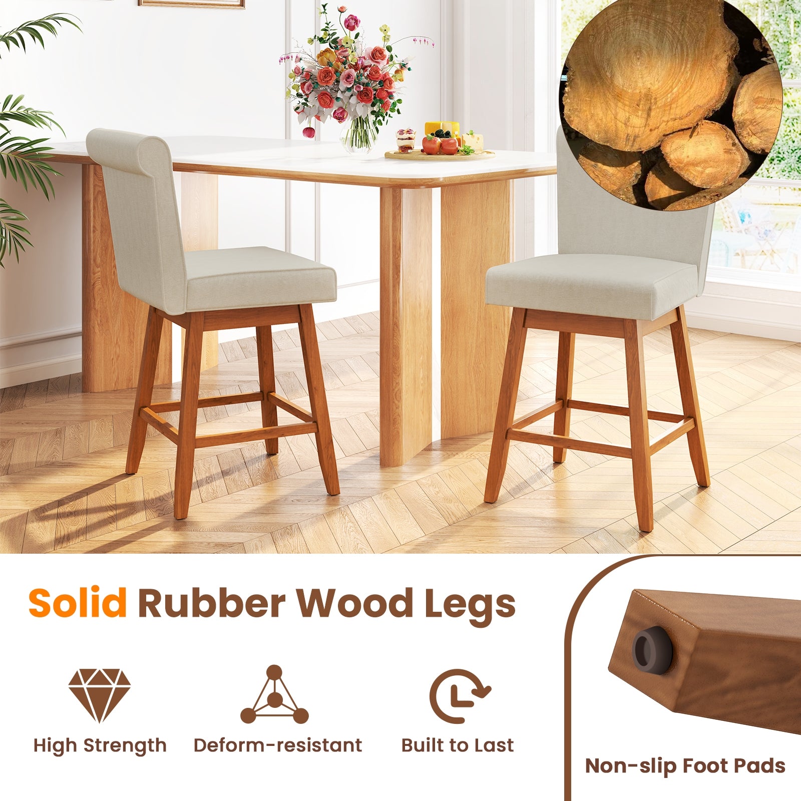 27 Inch Counter Height Bar Chairs with Rubber Wood Legs Set of 2, Beige Patio Bar Furniture at Gallery Canada