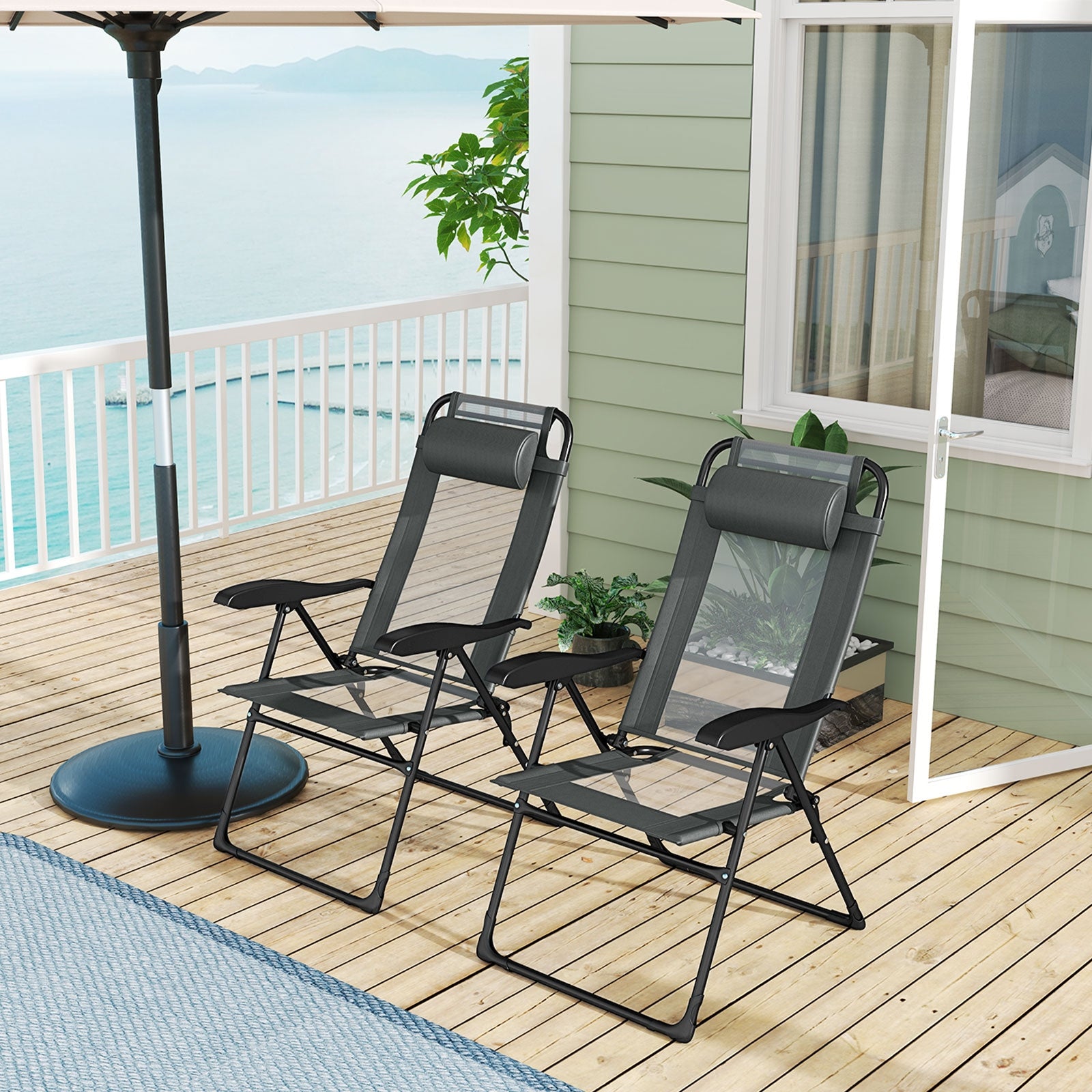 Outdoor Folding Chairs Set of 2 with Armrests and 7-Level Backrest, Gray Beach & Lawn Chairs at Gallery Canada