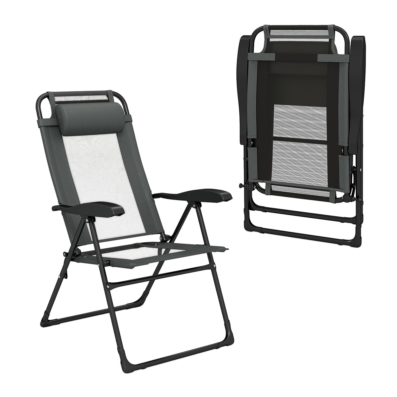 Outdoor Folding Chairs Set of 2 with Armrests and 7-Level Backrest, Gray Beach & Lawn Chairs Gray at Gallery Canada
