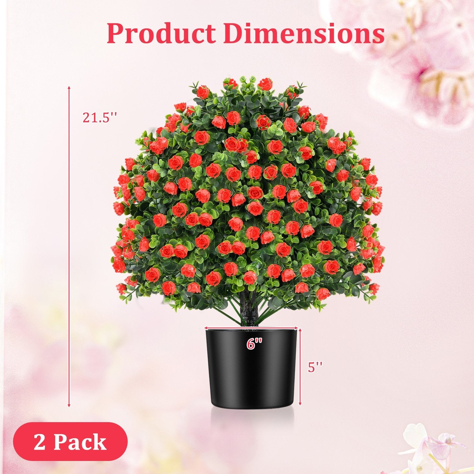 2 Pack Artificial Rose Topiary Ball Tree Faux Shrub Bushes with Flowers, Red Faux Plants at Gallery Canada
