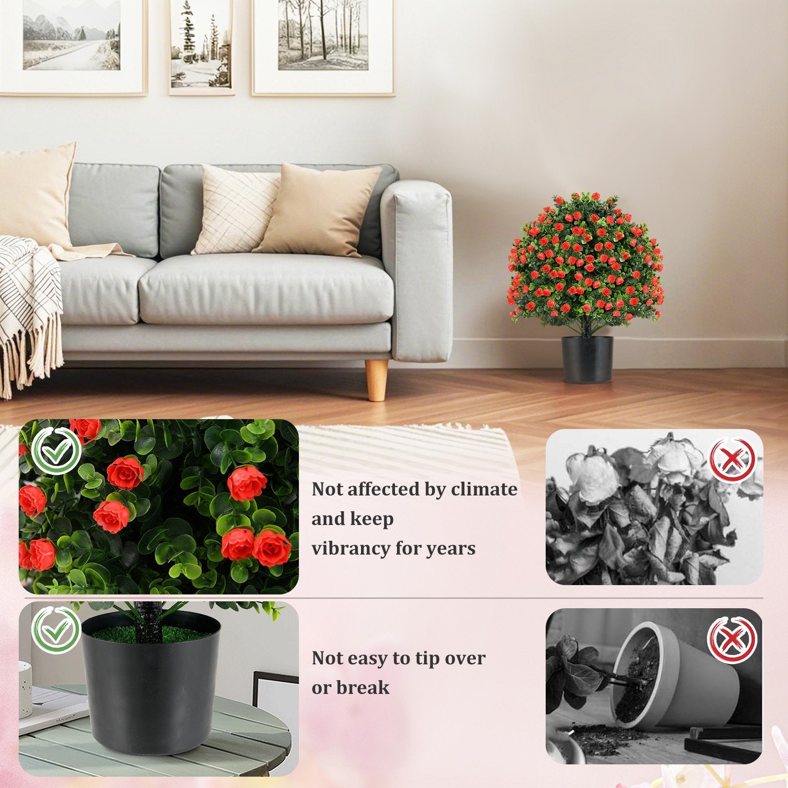 2 Pack Artificial Rose Topiary Ball Tree Faux Shrub Bushes with Flowers, Red Faux Plants at Gallery Canada