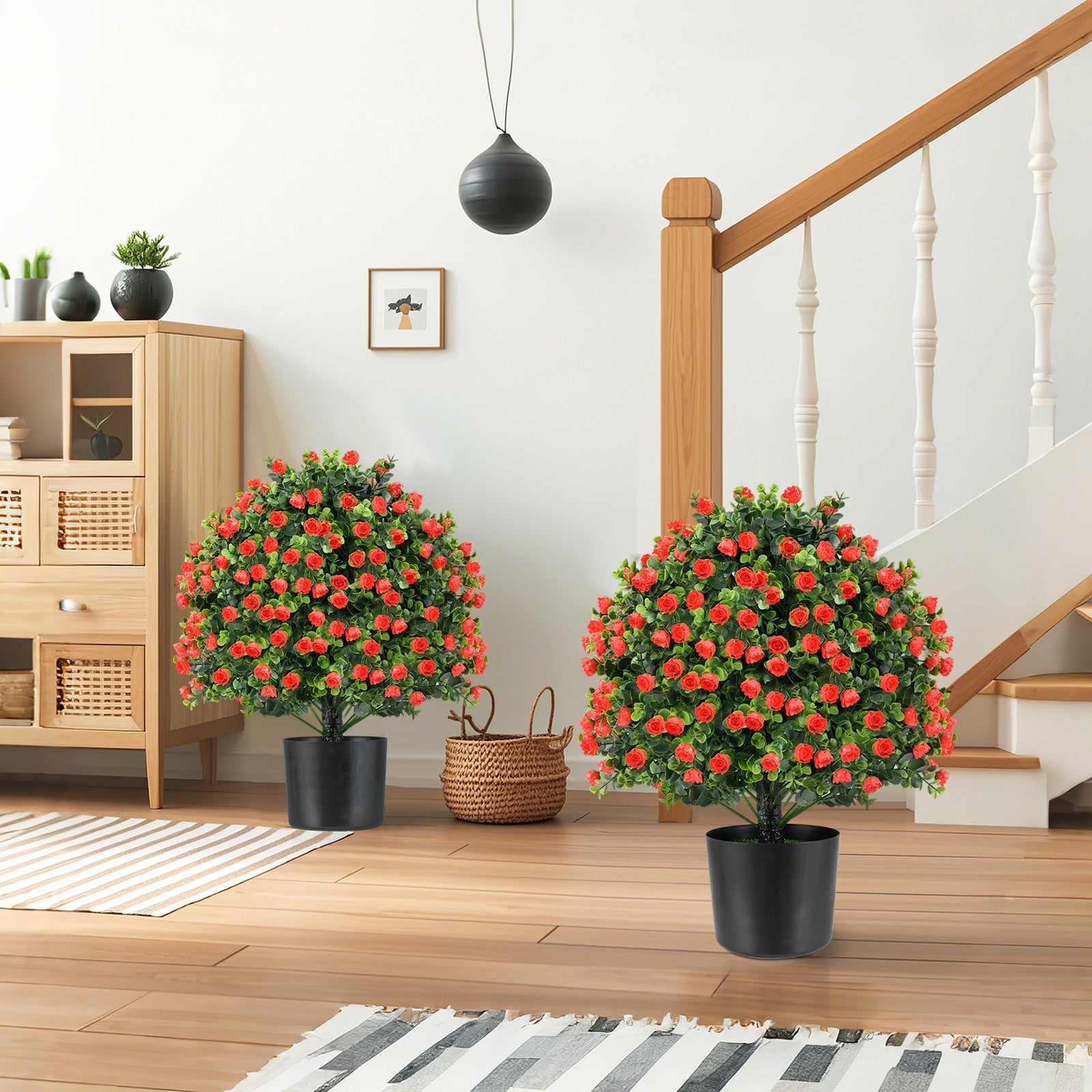 2 Pack Artificial Rose Topiary Ball Tree Faux Shrub Bushes with Flowers, Red Faux Plants at Gallery Canada