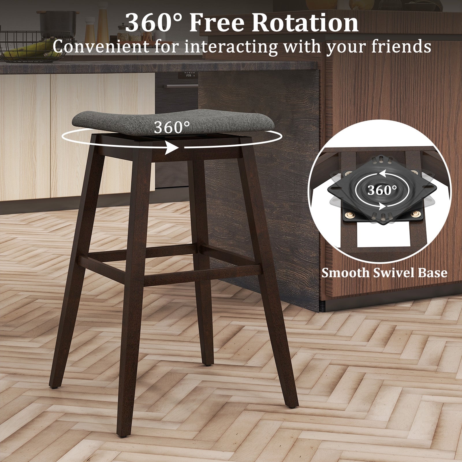Swivel Bar Stools Set of 2 with Footrest and Rubber Wood Legs, Brown Bar Stools at Gallery Canada