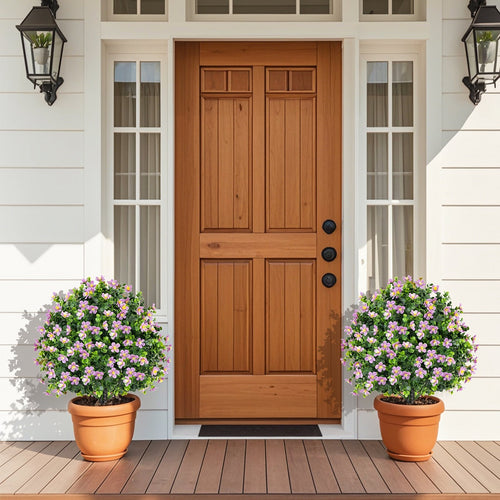 2 Pack Artificial Boxwood Topiary Ball Tree Faux Shrub Bushes with Flowers, Purple