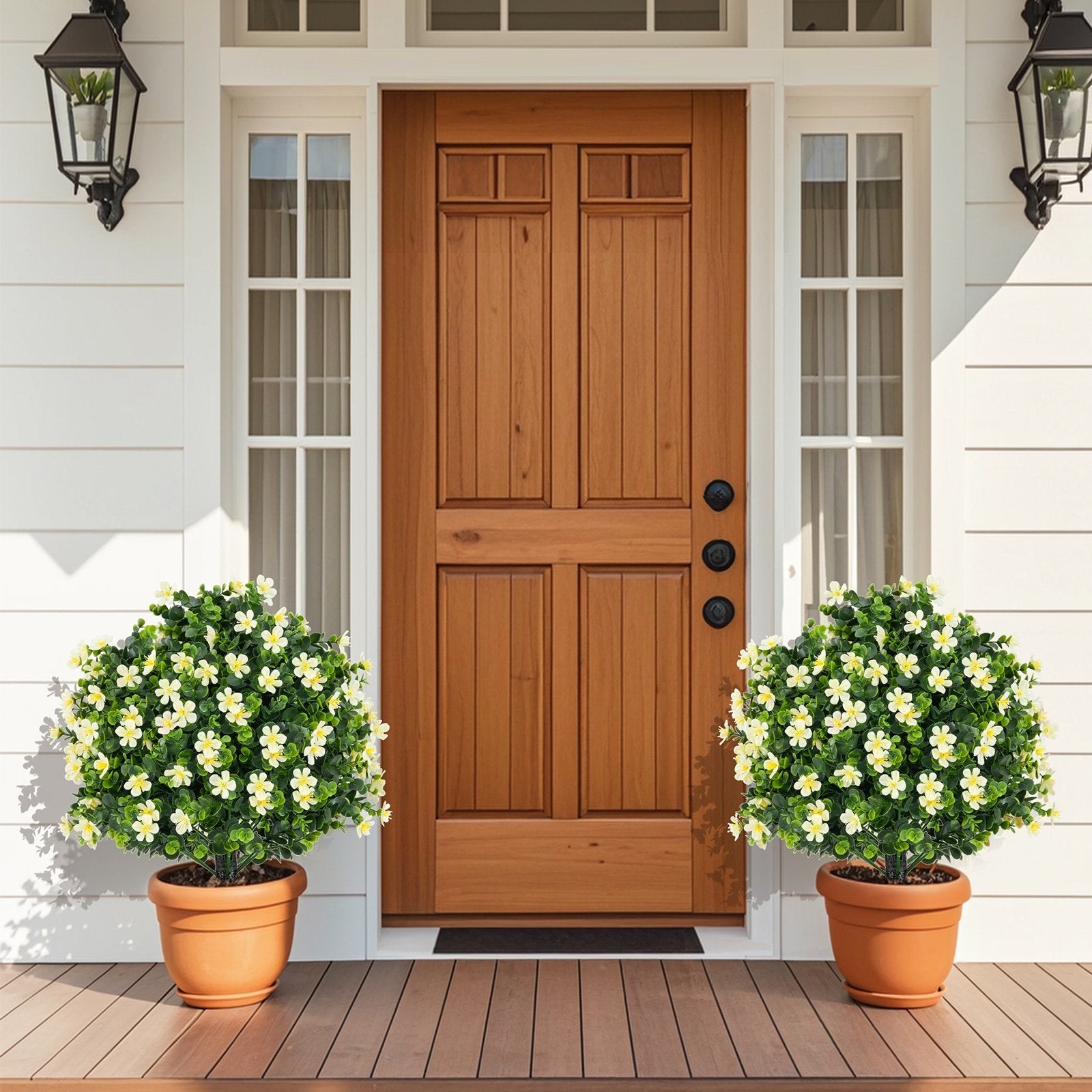 2 Pack Artificial Boxwood Topiary Ball Tree Faux Shrub Bushes with Flowers, White Faux Plants at Gallery Canada