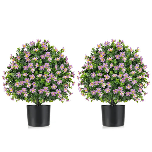 2 Pack Artificial Boxwood Topiary Ball Tree Faux Shrub Bushes with Flowers, Purple