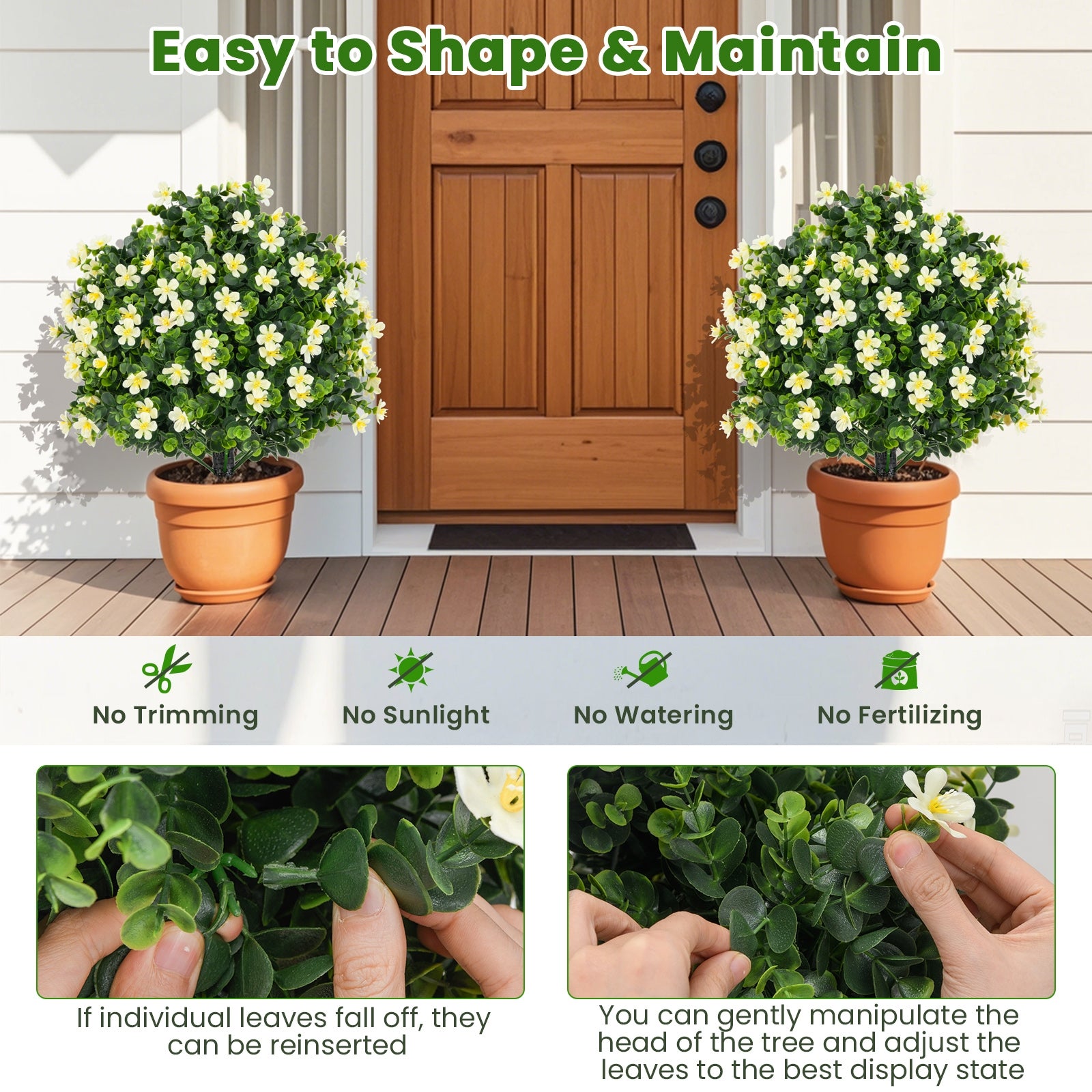 2 Pack Artificial Boxwood Topiary Ball Tree Faux Shrub Bushes with Flowers, White Faux Plants at Gallery Canada