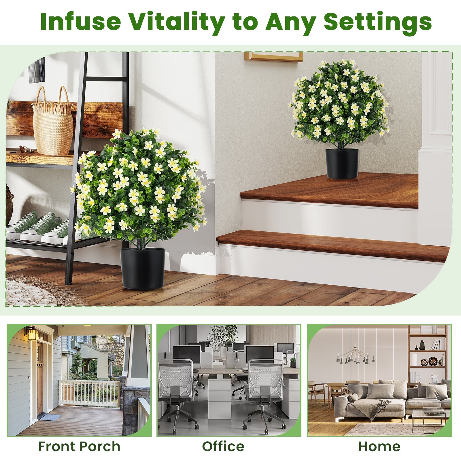 2 Pack Artificial Boxwood Topiary Ball Tree Faux Shrub Bushes with Flowers, White Faux Plants at Gallery Canada