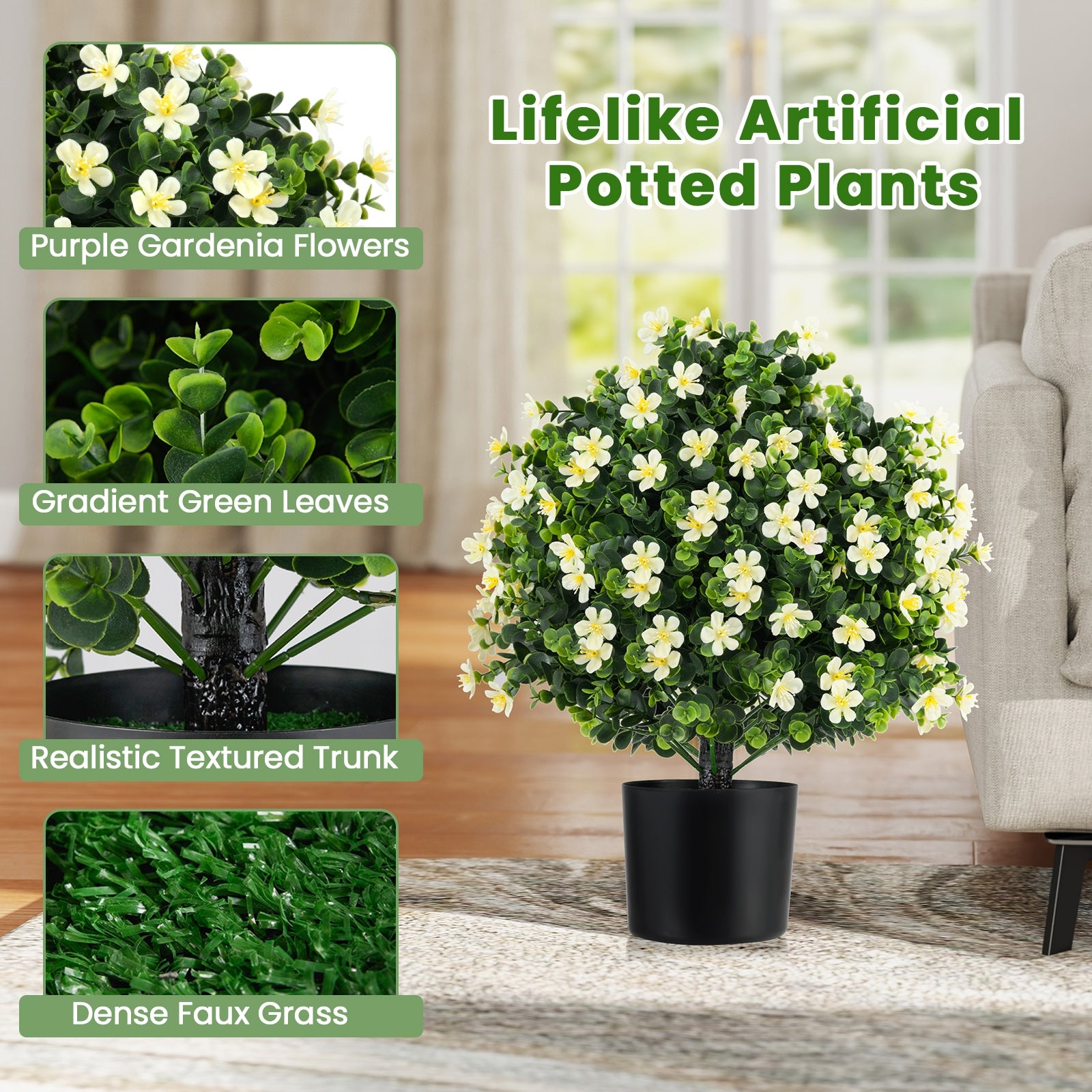 2 Pack Artificial Boxwood Topiary Ball Tree Faux Shrub Bushes with Flowers, White Faux Plants at Gallery Canada