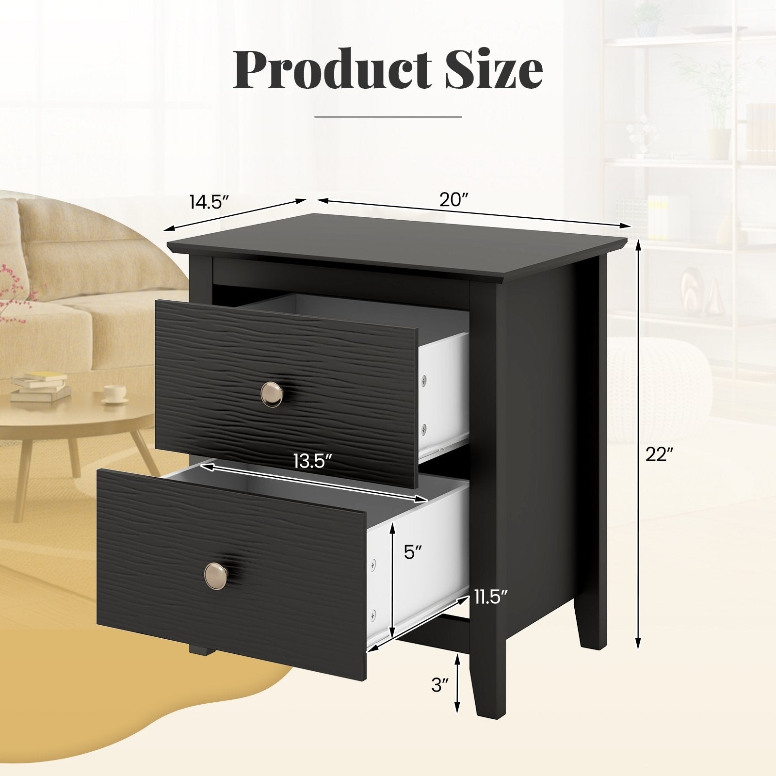 Modern Nightstand with 2 Drawers for Small Spaces, Black Nightstands at Gallery Canada