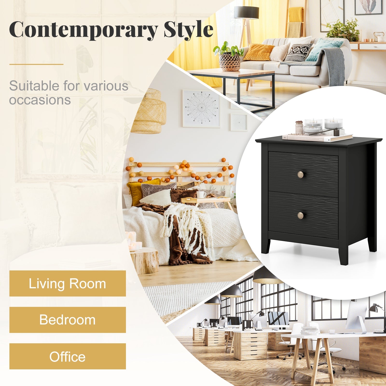 Modern Nightstand with 2 Drawers for Small Spaces, Black Nightstands at Gallery Canada
