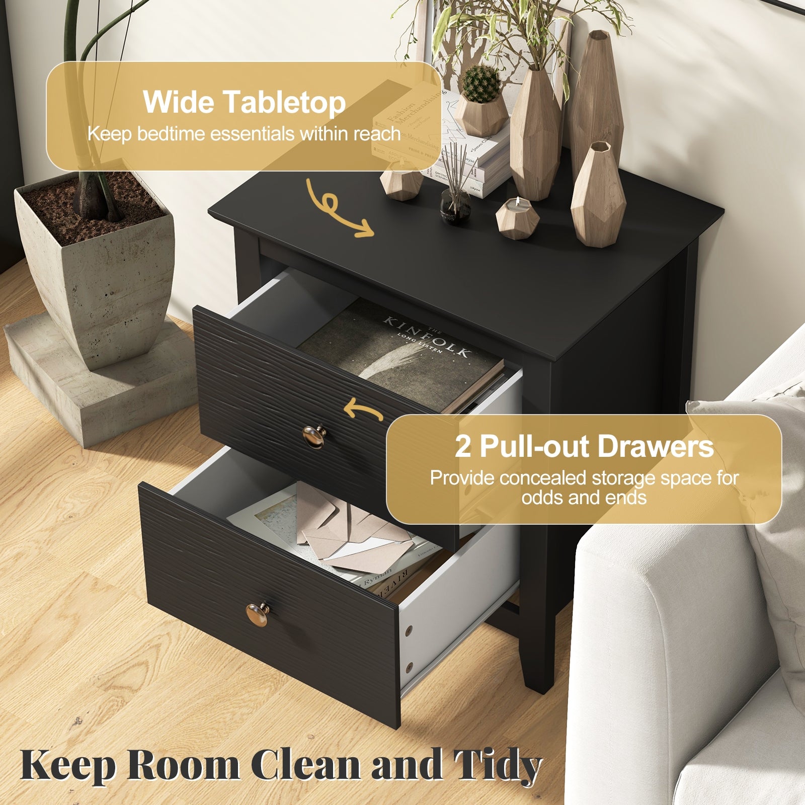 Modern Nightstand with 2 Drawers for Small Spaces, Black Nightstands at Gallery Canada