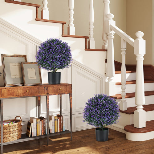 2 Pack Artificial Lavender Topiary Ball Tree Faux Shrub Bushes with Flowers, Purple