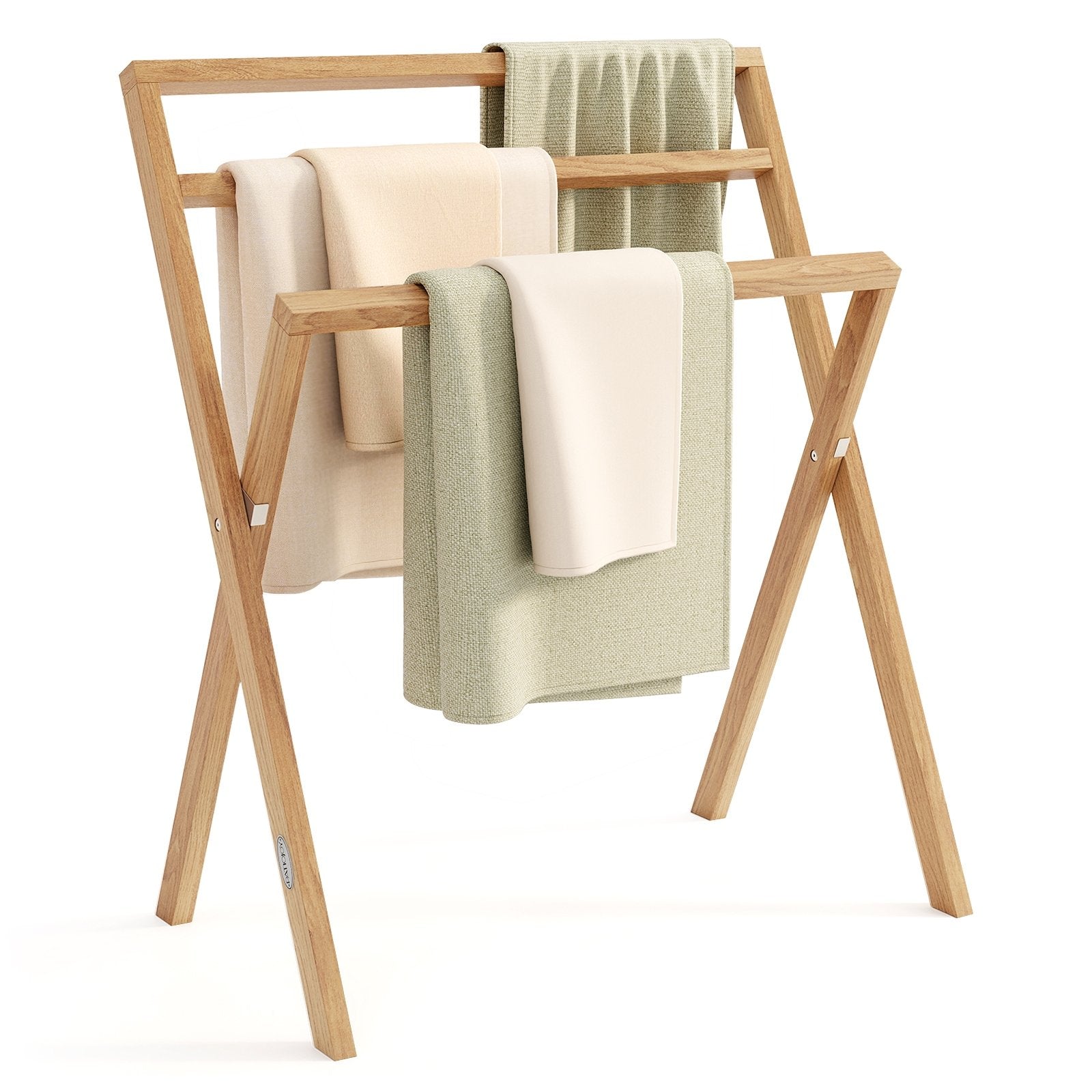 Freestanding Foldable Teak Wood Towel Rack with 3 Hanging Crossbars, Natural Towel Racks Natural at Gallery Canada