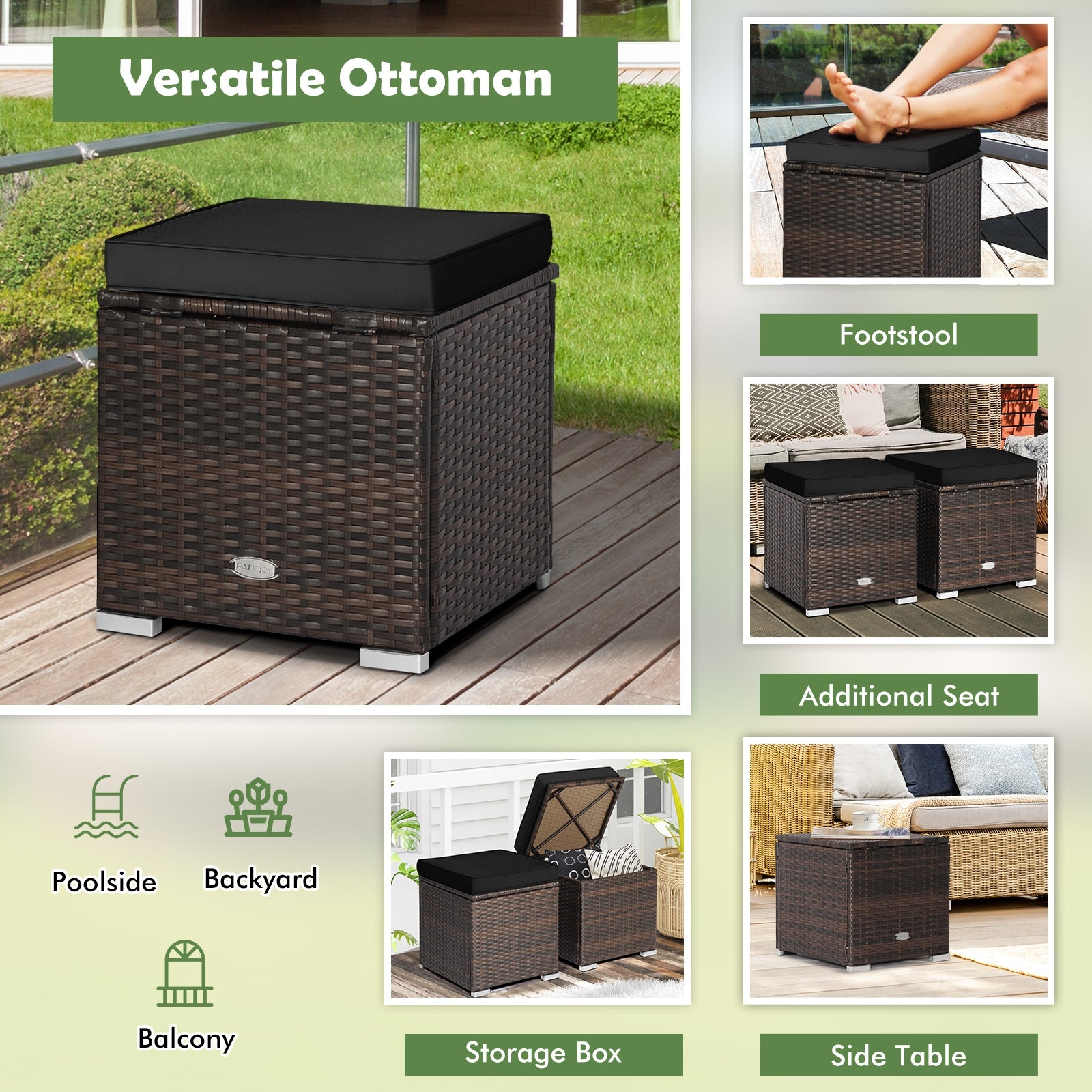 2 Pieces Patio Ottoman with Hidden Storage Space, Black Outdoor Seating & Patio Chairs   at Gallery Canada