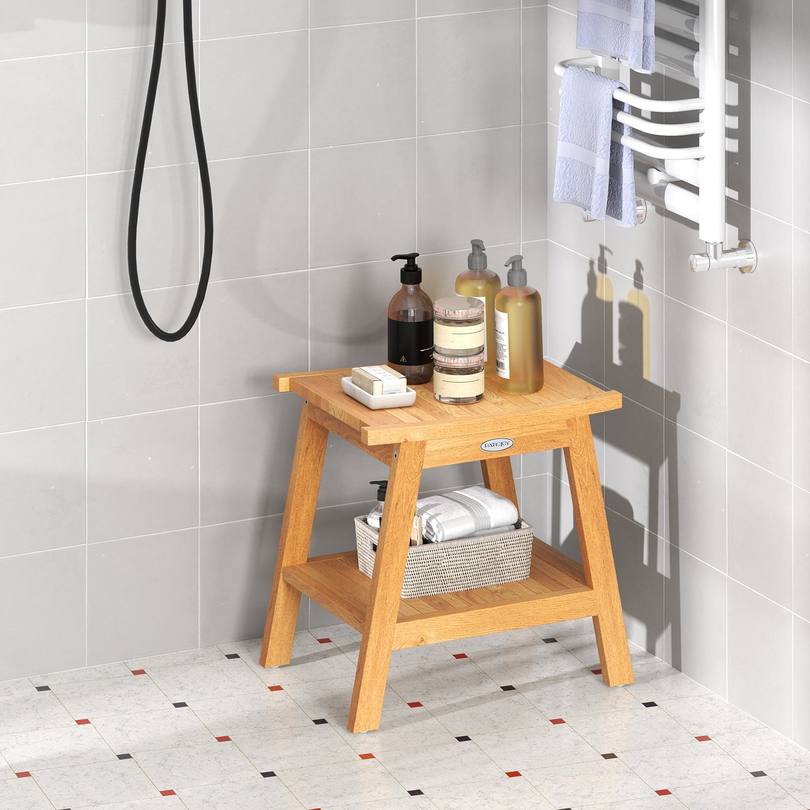20 Inches Teak Wood Shower Bench with Storage Shelf and Adjustable Foot Pads, Natural Bath Safety at Gallery Canada