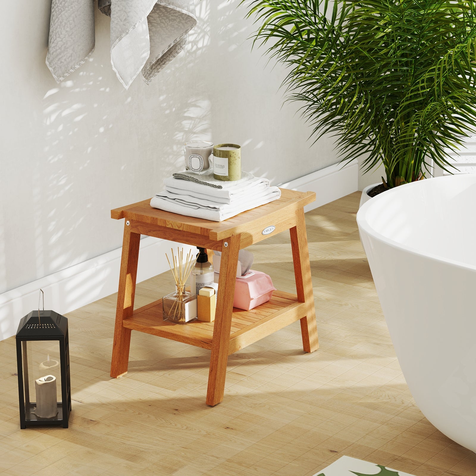 20 Inches Teak Wood Shower Bench with Storage Shelf and Adjustable Foot Pads, Natural Bath Safety at Gallery Canada