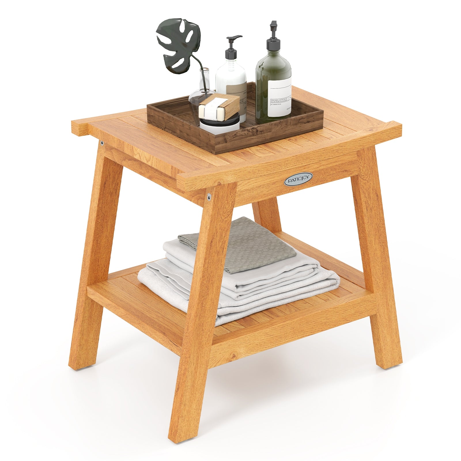 20 Inches Teak Wood Shower Bench with Storage Shelf and Adjustable Foot Pads, Natural Bath Safety at Gallery Canada