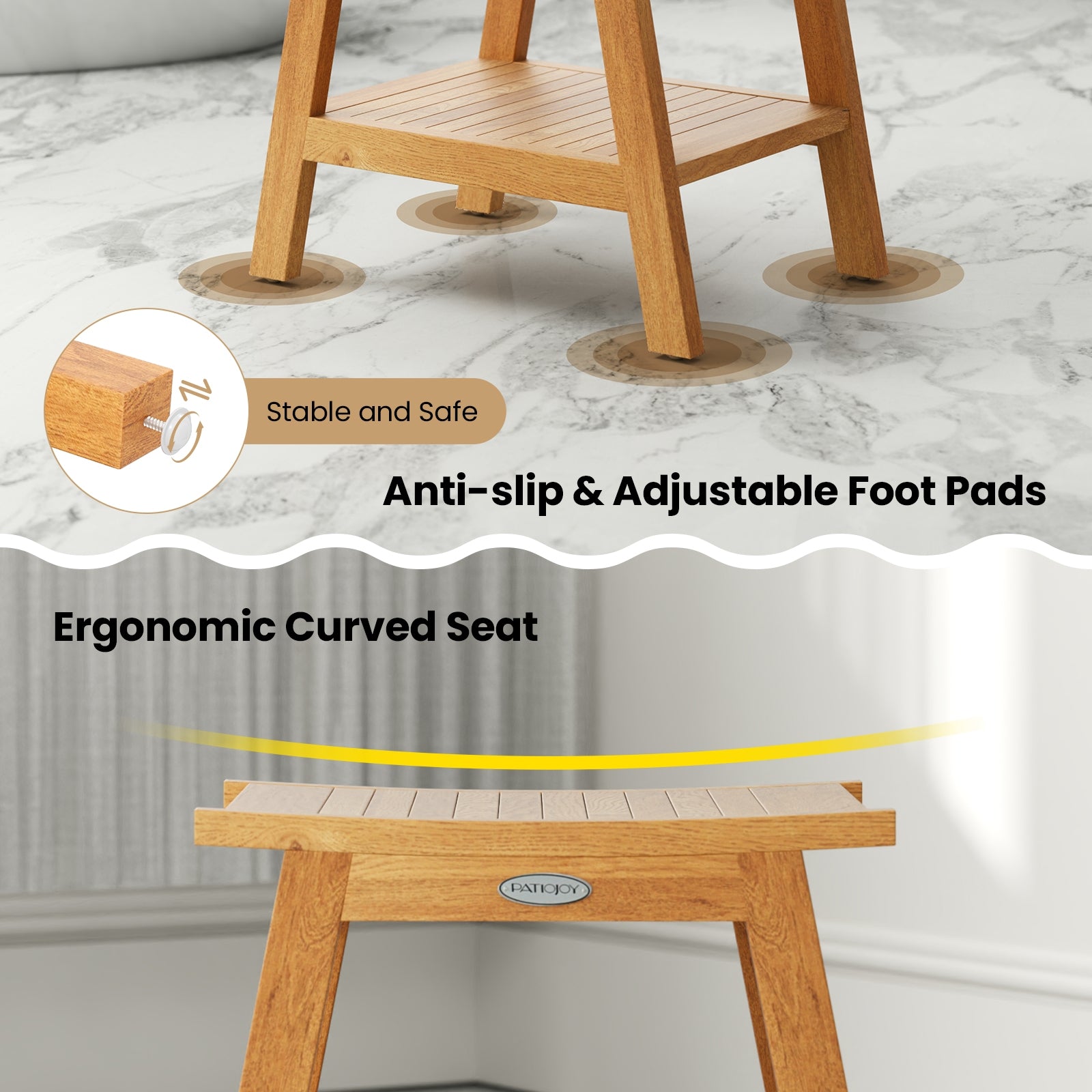 20 Inches Teak Wood Shower Bench with Storage Shelf and Adjustable Foot Pads, Natural Bath Safety at Gallery Canada