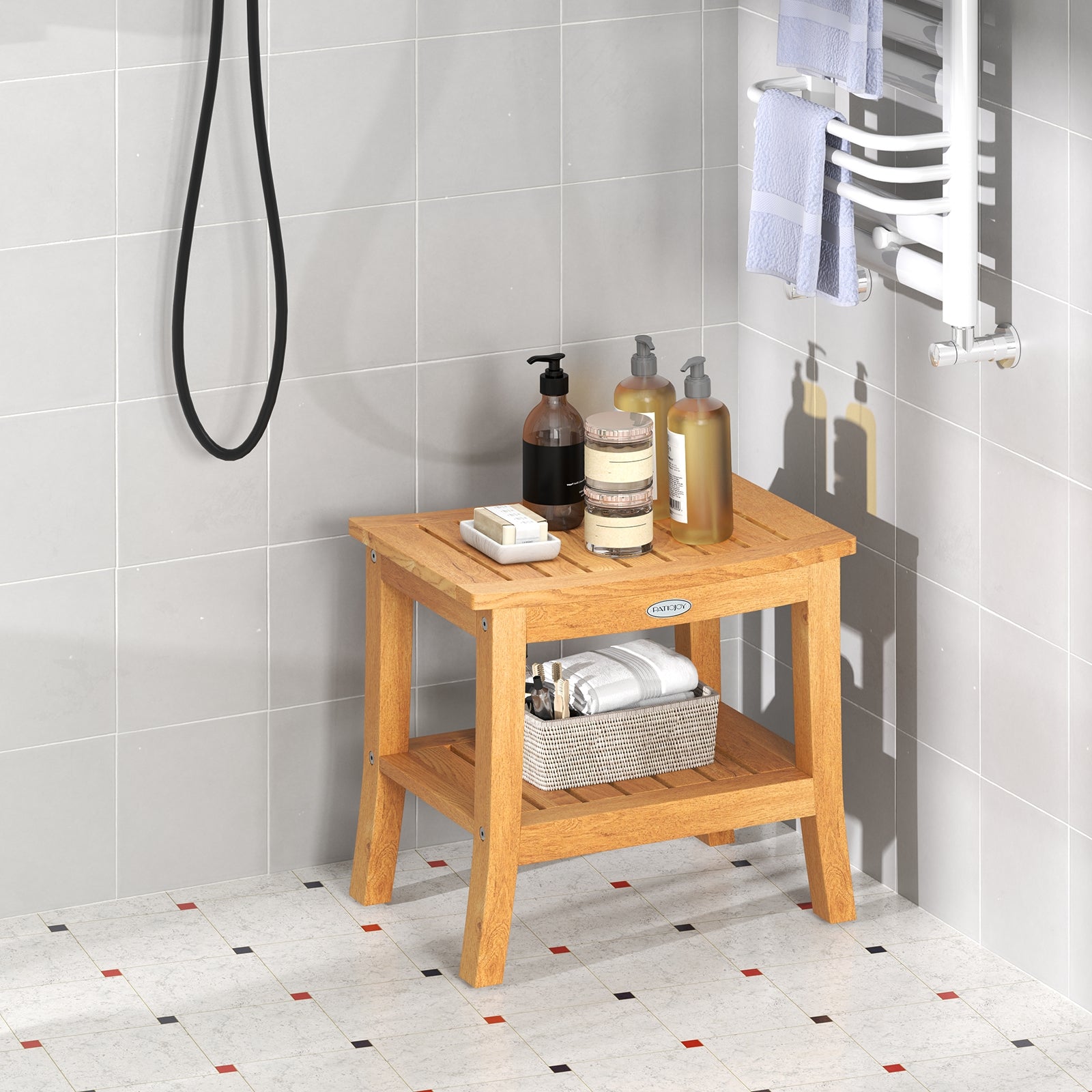 20 Inches Non-slip Shower Bench with Storage Shelf and Curved Top, Natural Bath Safety at Gallery Canada