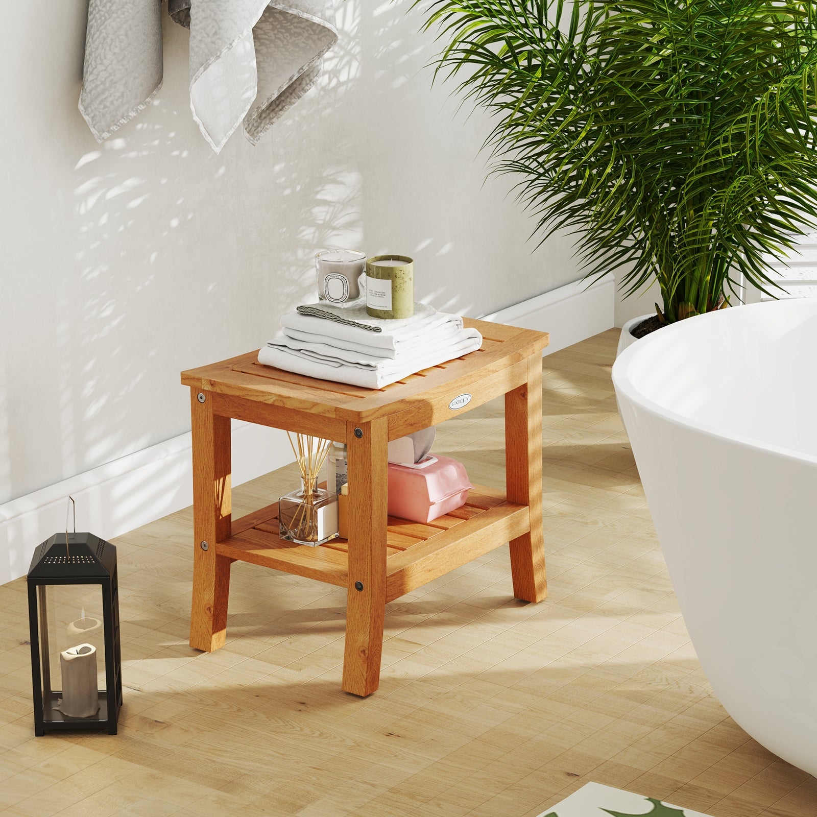 20 Inches Non-slip Shower Bench with Storage Shelf and Curved Top, Natural Bath Safety at Gallery Canada
