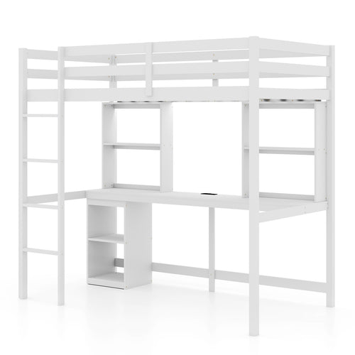 Twin Loft Bed with LED Light and Desk No Box Spring Needed, White