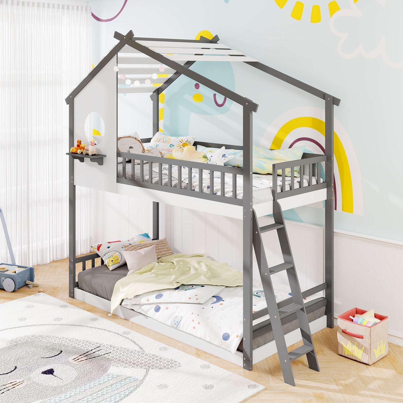 Twin over Twin House Bunk Bed with Roof and Guardrails for Kids-White & Gray, Gray & White Bunk Bed Frame at Gallery Canada