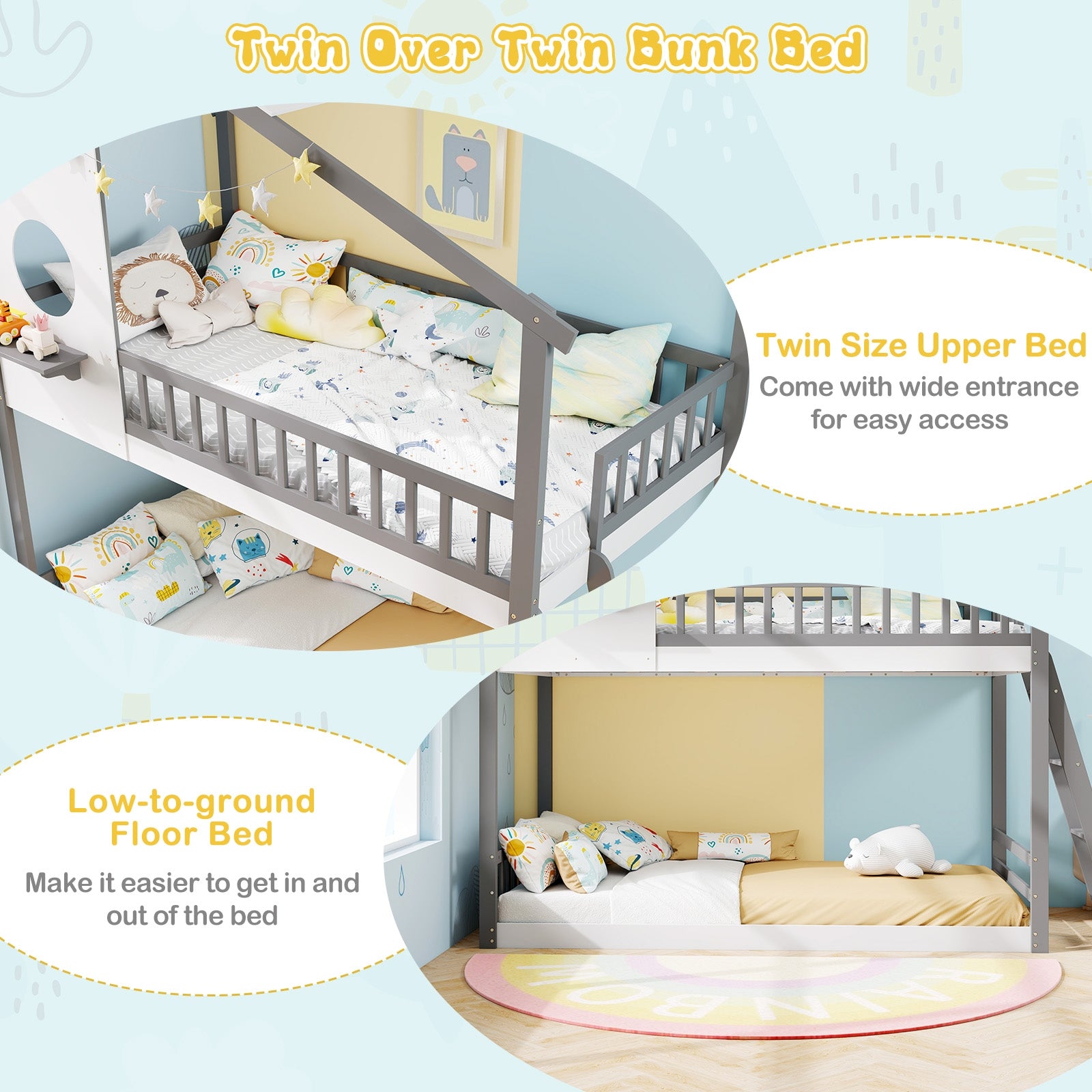 Twin over Twin House Bunk Bed with Roof and Guardrails for Kids-White & Gray, Gray & White Bunk Bed Frame at Gallery Canada