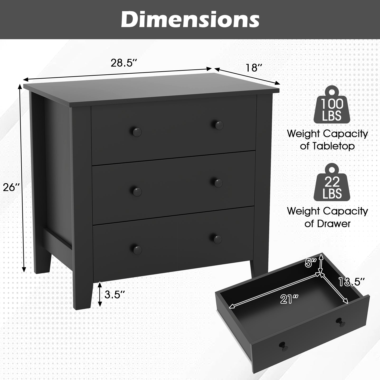 3 Drawer Dresser Chest of Drawers Bedside Table, Black Wood Grain Cabinets & Chests at Gallery Canada