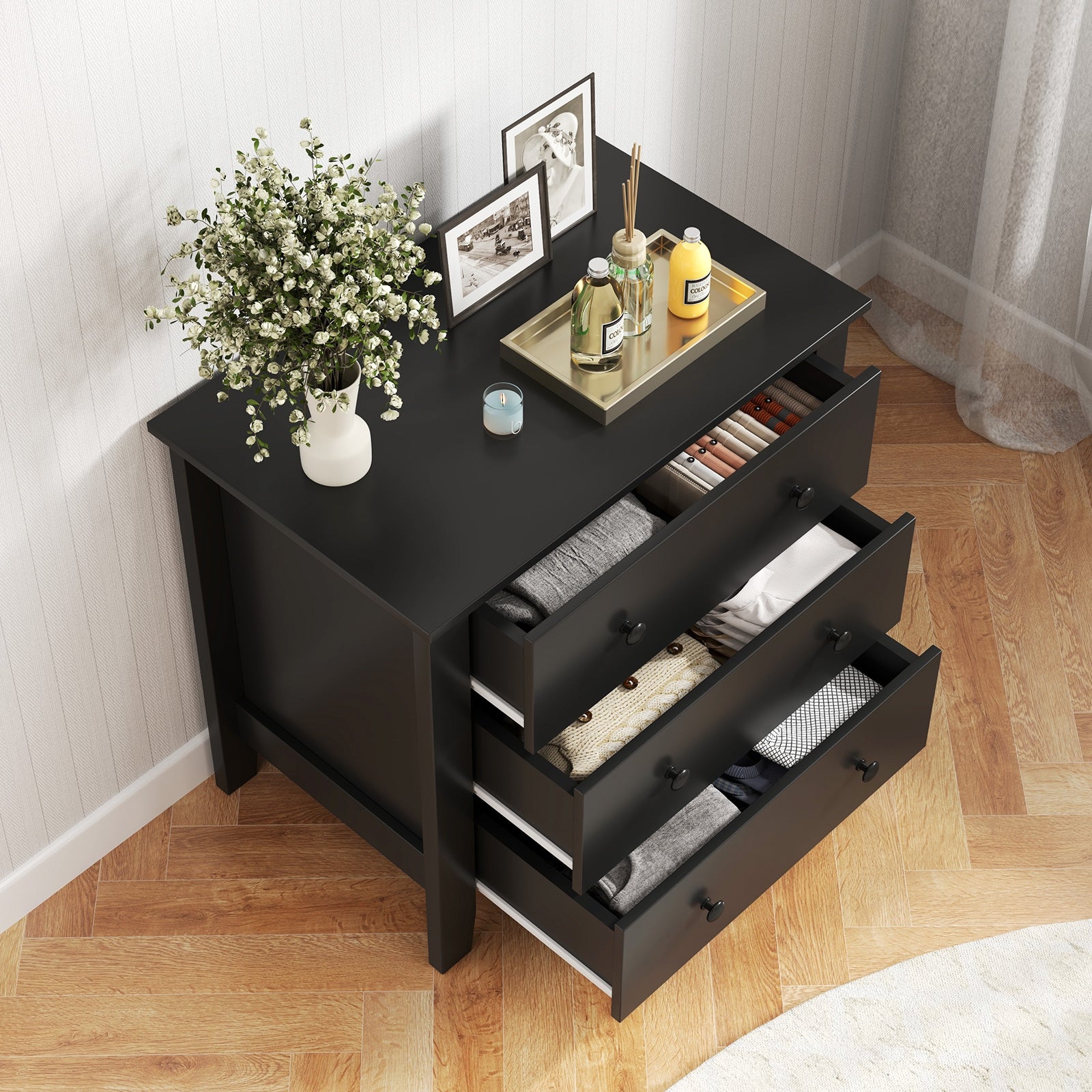 3 Drawer Dresser Chest of Drawers Bedside Table, Black Wood Grain Cabinets & Chests at Gallery Canada