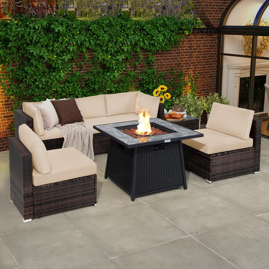 7 Pieces Patio Furniture Set with 35 Inches 50000 BTU Propane Gas Fire Pit Table and Waterproof Cover for Firpit, Beige Patio Dining Sets Beige  at Gallery Canada