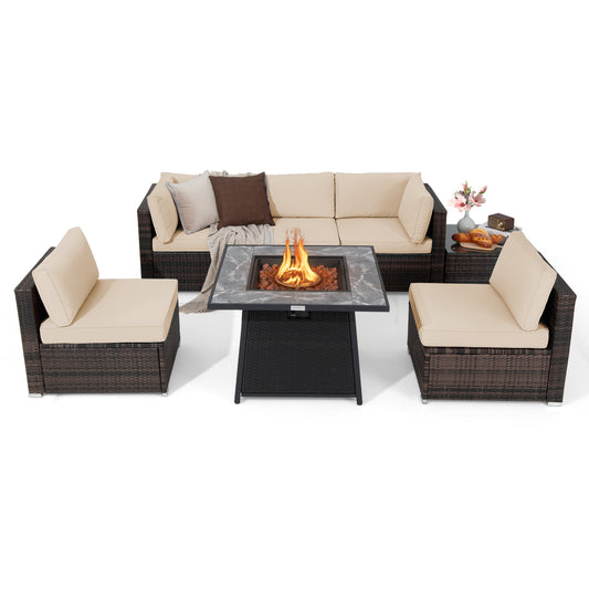 7 Pieces Patio Furniture Set with 35 Inches 50000 BTU Propane Gas Fire Pit Table and Waterproof Cover for Firpit, Beige Patio Dining Sets Beige  at Gallery Canada