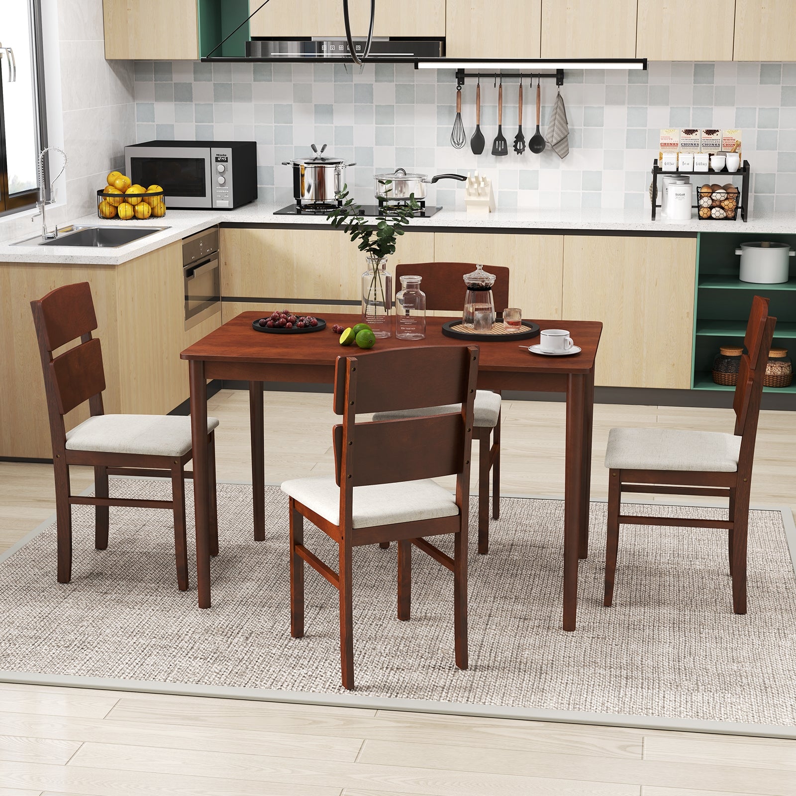 5-Piece Dining Table Set with High Curved Back for 4 People, Walnut Dining Room Sets at Gallery Canada