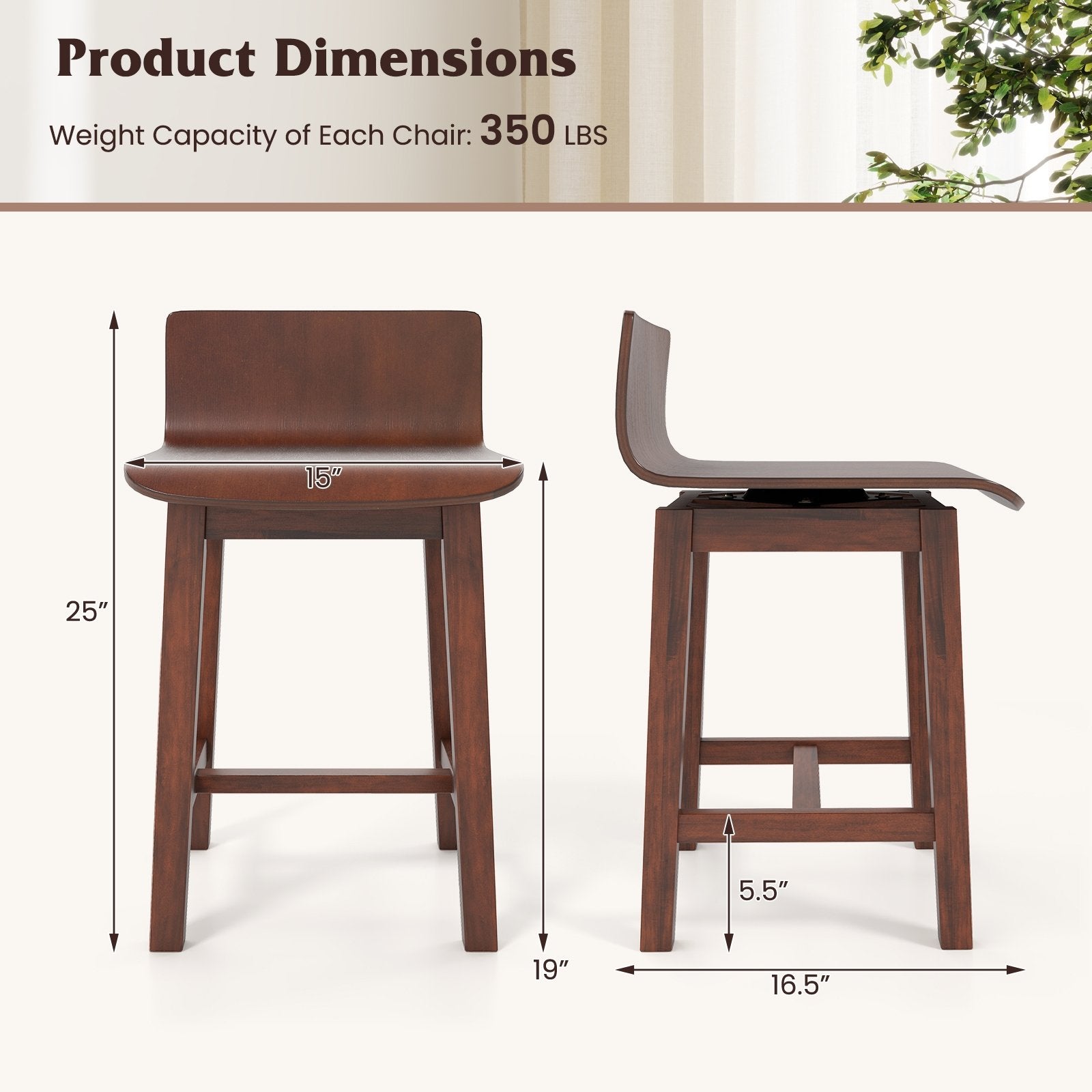 Swivel Dining Chair Set of 2 with Low Back and Curved Seat, Walnut Dining Chairs at Gallery Canada