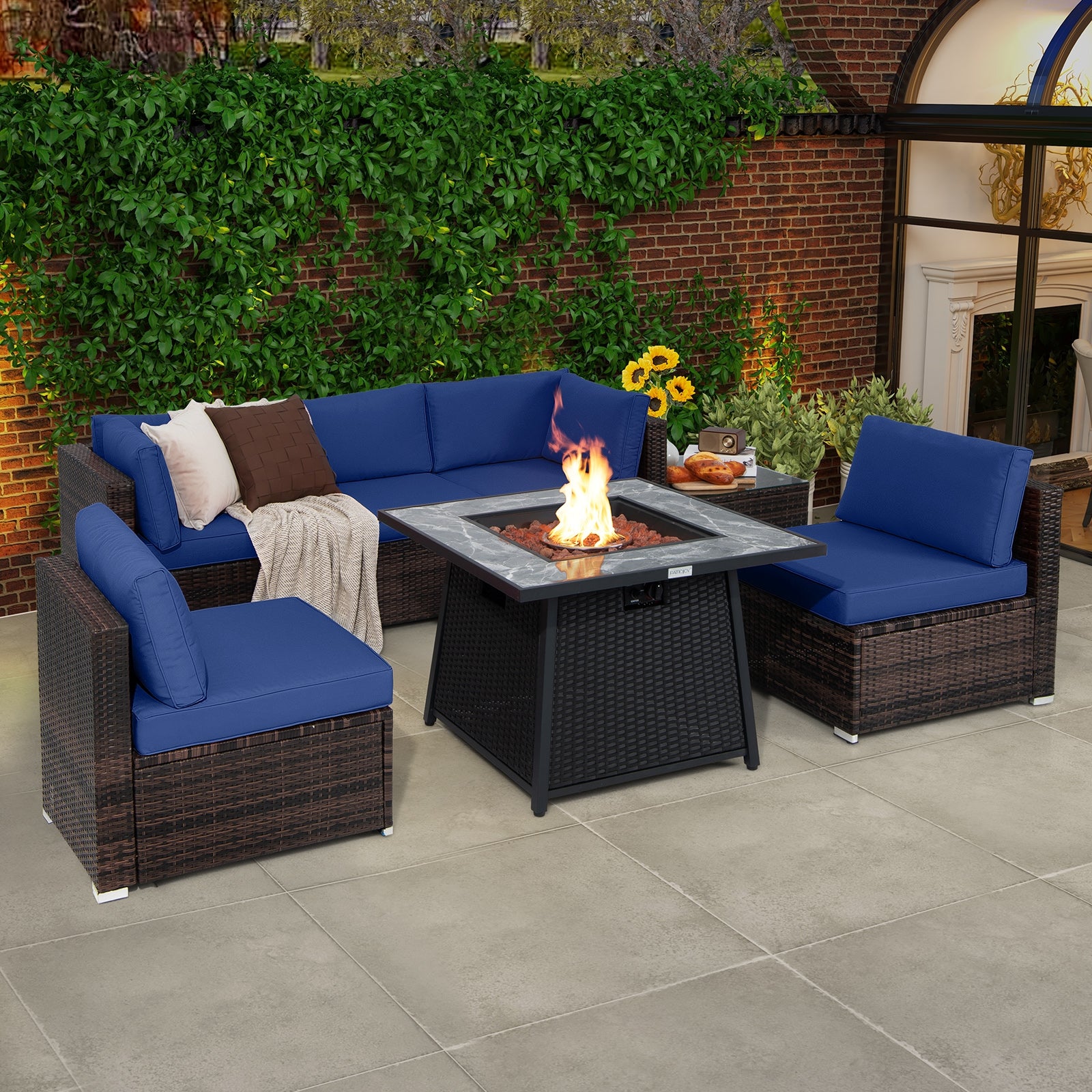 7 Pieces Patio Furniture Set with 35 Inches 50000 BTU Propane Gas Fire Pit Table and Waterproof Cover for Firpit, Navy Patio Dining Sets   at Gallery Canada