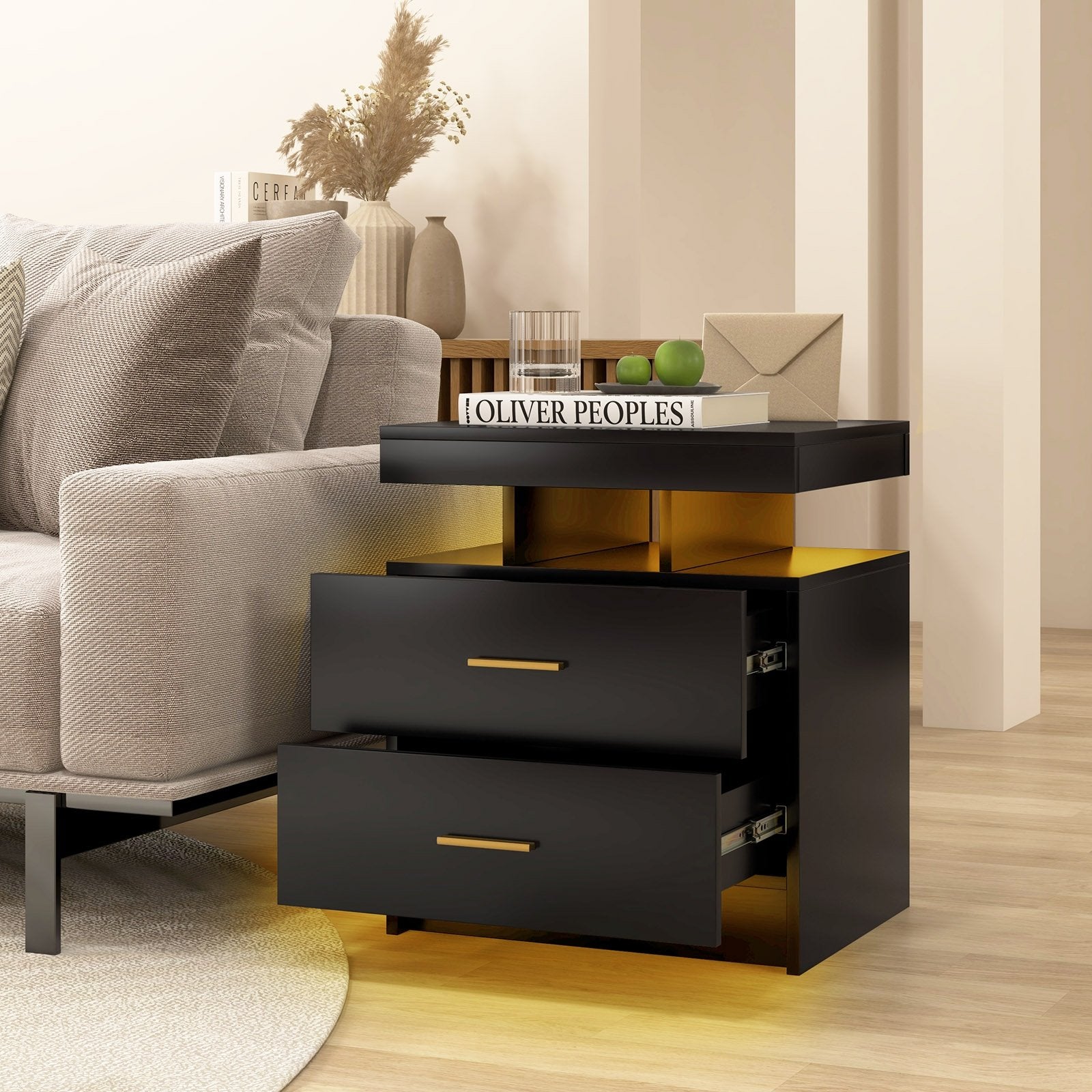 Set of 2 LED Nightstand with 2 Storage Drawers for Bedroom, Black Nightstands   at Gallery Canada