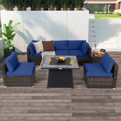 7 Pieces Patio Furniture Set with 35 Inches 50000 BTU Propane Gas Fire Pit Table and Waterproof Cover for Firpit, Navy Patio Dining Sets   at Gallery Canada