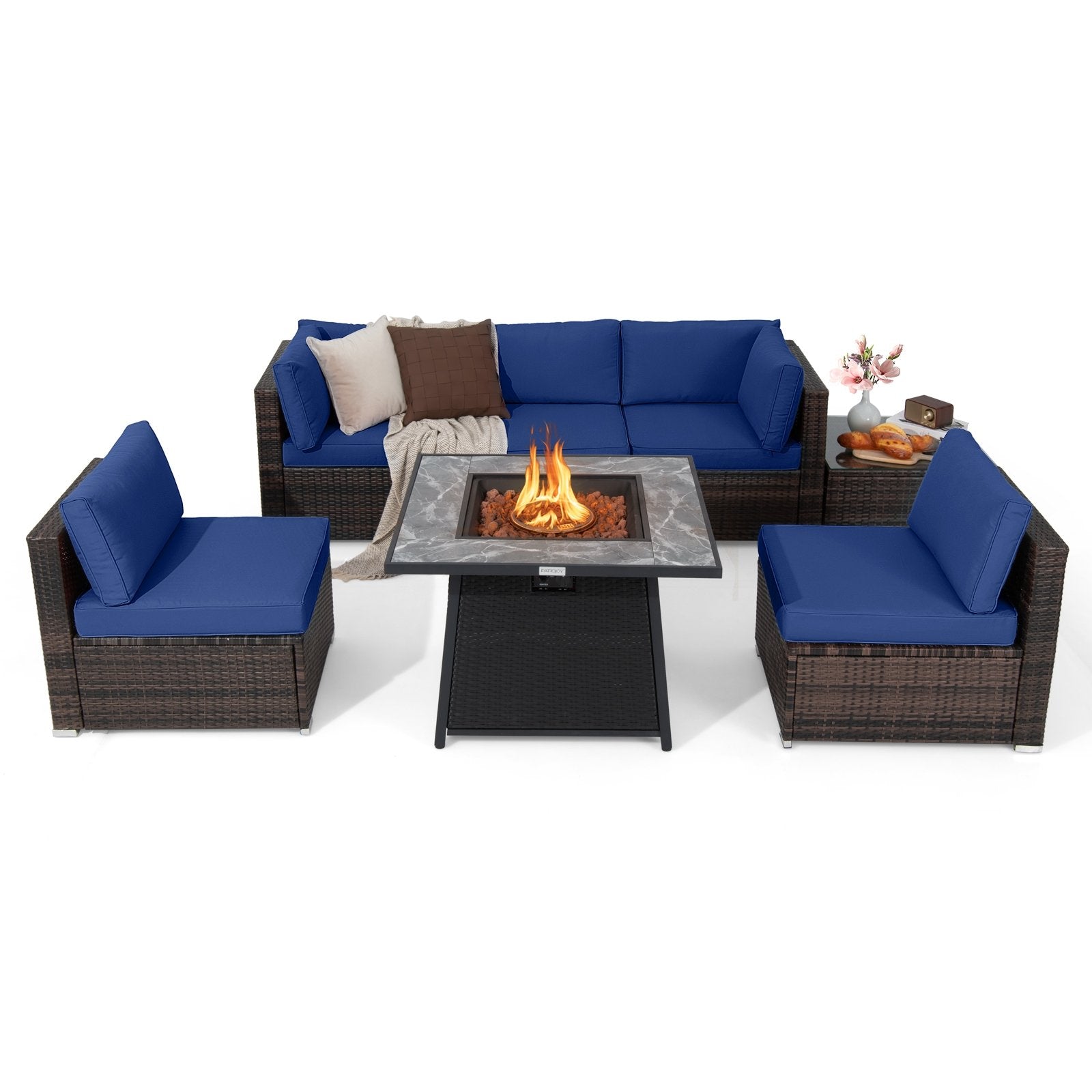 7 Pieces Patio Furniture Set with 35 Inches 50000 BTU Propane Gas Fire Pit Table and Waterproof Cover for Firpit, Navy Patio Dining Sets Navy at Gallery Canada