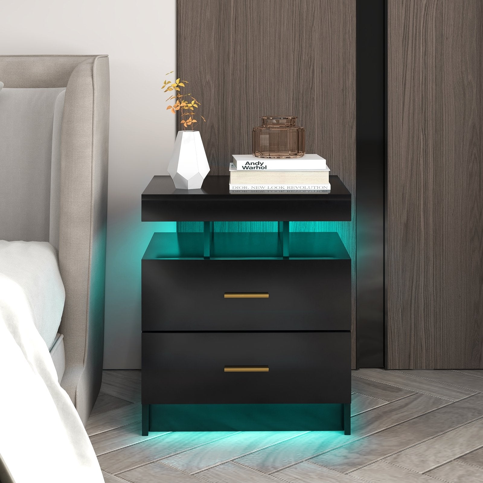 Set of 2 LED Nightstand with 2 Storage Drawers for Bedroom, Black Nightstands   at Gallery Canada