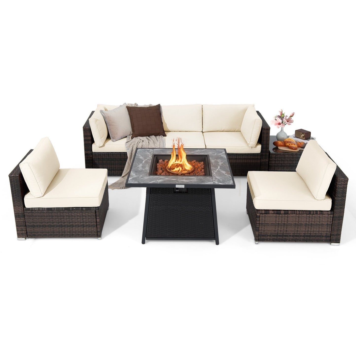 7 Pieces Patio Furniture Set with 35 Inches 50000 BTU Propane Gas Fire Pit Table and Waterproof Cover for Firpit, White Patio Dining Sets White  at Gallery Canada