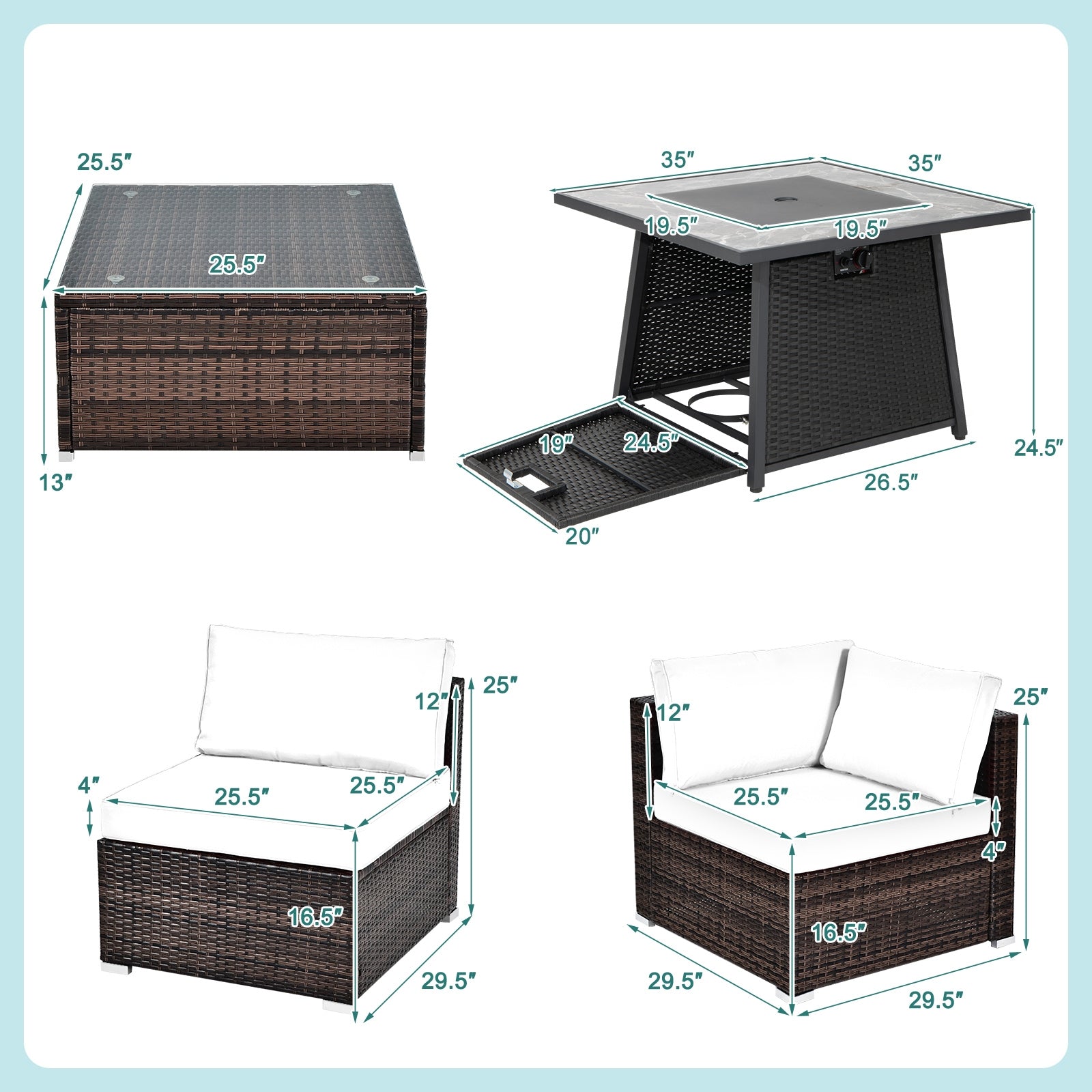 7 Pieces Patio Furniture Set with 35 Inches 50000 BTU Propane Gas Fire Pit Table and Waterproof Cover for Firpit, White Patio Dining Sets   at Gallery Canada