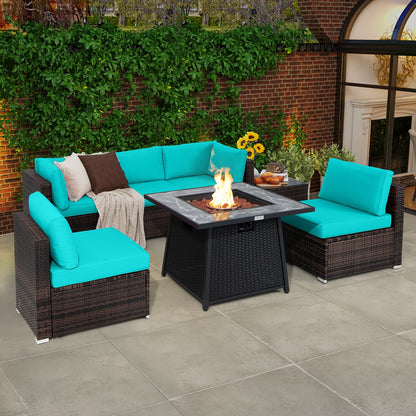 7 Pieces Patio Furniture Set with 35 Inches 50000 BTU Propane Gas Fire Pit Table and Waterproof Cover for Firpit, Turquoise Patio Dining Sets   at Gallery Canada