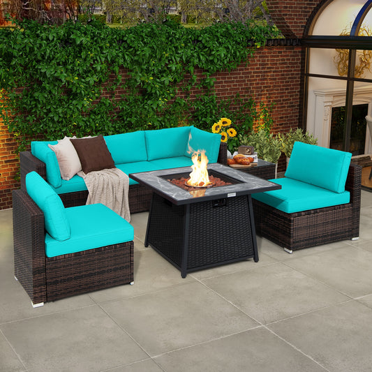 7 Pieces Patio Furniture Set with 35 Inches 50000 BTU Propane Gas Fire Pit Table and Waterproof Cover for Firpit, Turquoise Patio Dining Sets Turquoise  at Gallery Canada