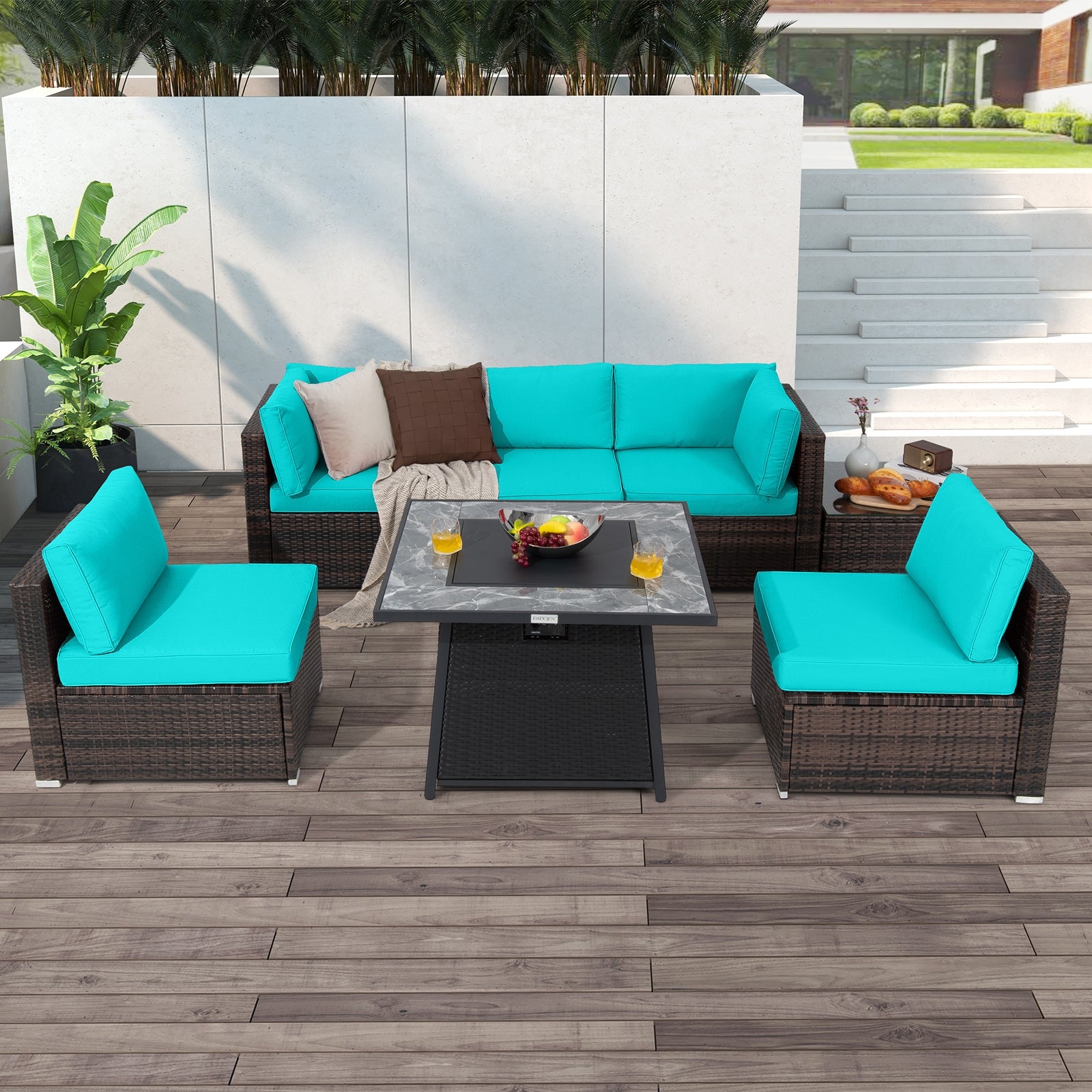 7 Pieces Patio Furniture Set with 35 Inches 50000 BTU Propane Gas Fire Pit Table and Waterproof Cover for Firpit, Turquoise Patio Dining Sets   at Gallery Canada