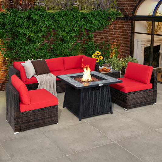 7 Pieces Patio Furniture Set with 35 Inches 50000 BTU Propane Gas Fire Pit Table and Waterproof Cover for Firpit, Red Patio Dining Sets Red  at Gallery Canada