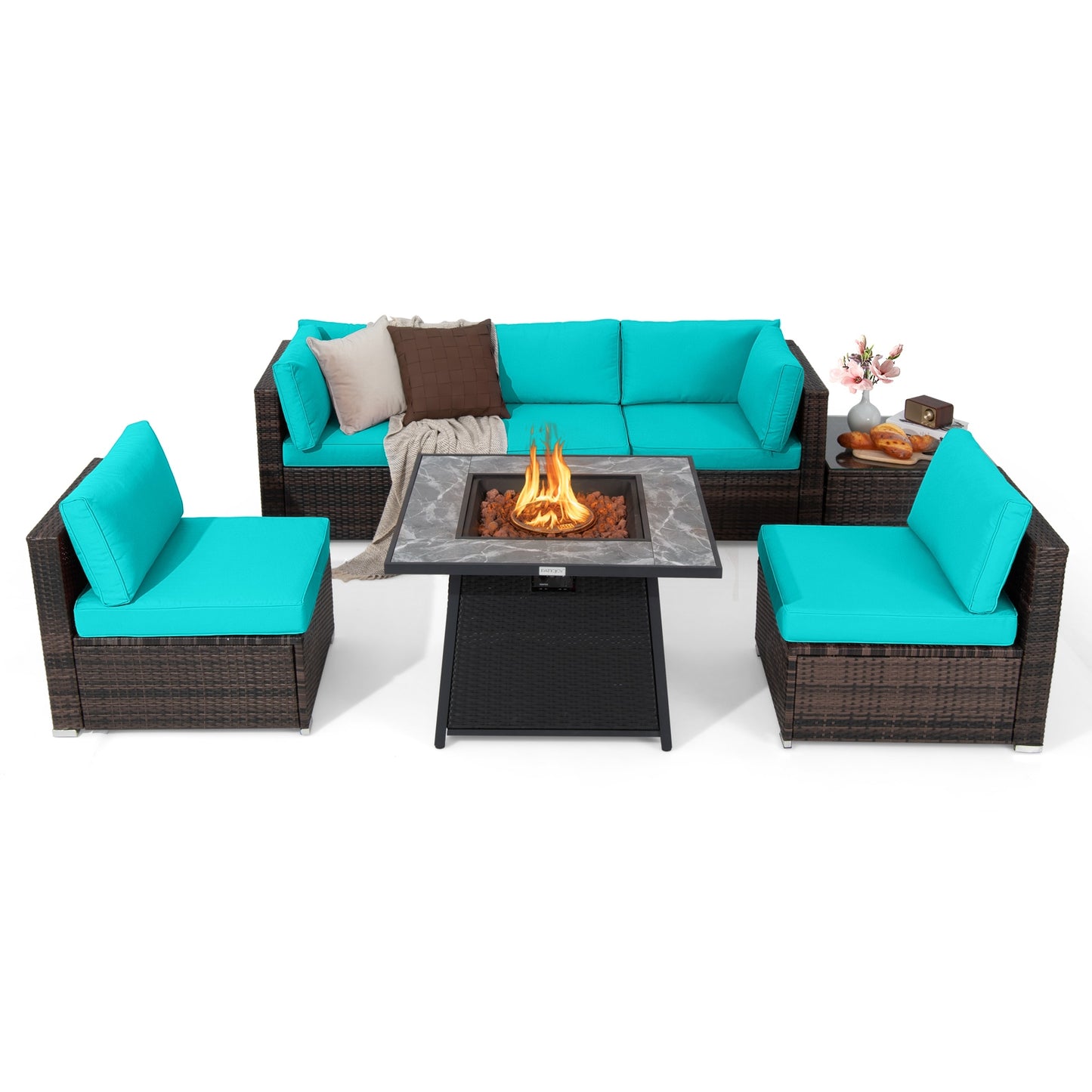 7 Pieces Patio Furniture Set with 35 Inches 50000 BTU Propane Gas Fire Pit Table and Waterproof Cover for Firpit, Turquoise Patio Dining Sets Turquoise  at Gallery Canada