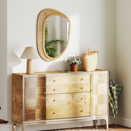 Bohemian Irregular Wall Mounted Decorative Mirror with Wooden Frame, Natural